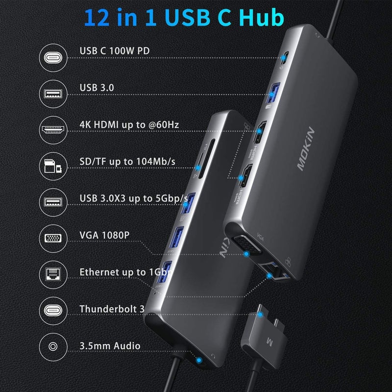 Mokin MacBook Pro Docking Station Dual Monitor HDMI Adapter,12 in 1 USB C Adapters for MacBook Pro Air Mac HDMI Dock Dongle Dual USB C to DualHDMI VGA Ethernet AUX 4USB SD/TF100W PD - Image 2